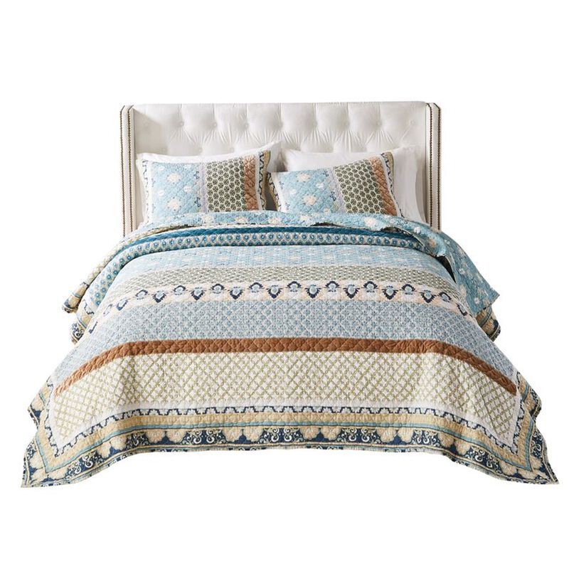 Ello 3pc King Size Quilt and Pillow Sham Set, Bohemian Print, Multicolor - Benzara