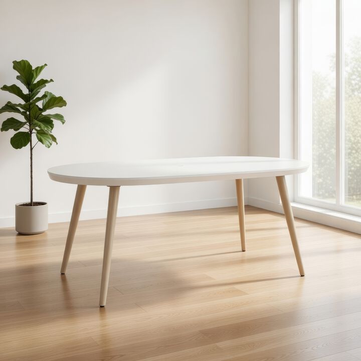 Yami Outdoor Dining Table, 80 Inch Oval Faux White Stone Top, Brown