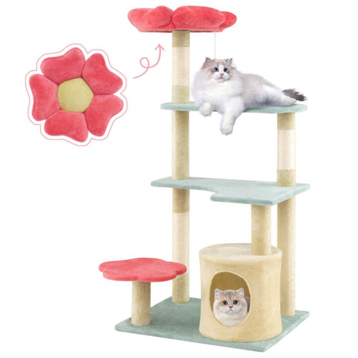 Hivvago 49 Inch Tall Multi-Level Aesthetic Floral Kitten Tower with Flower-Shaped Plush Padded Perch