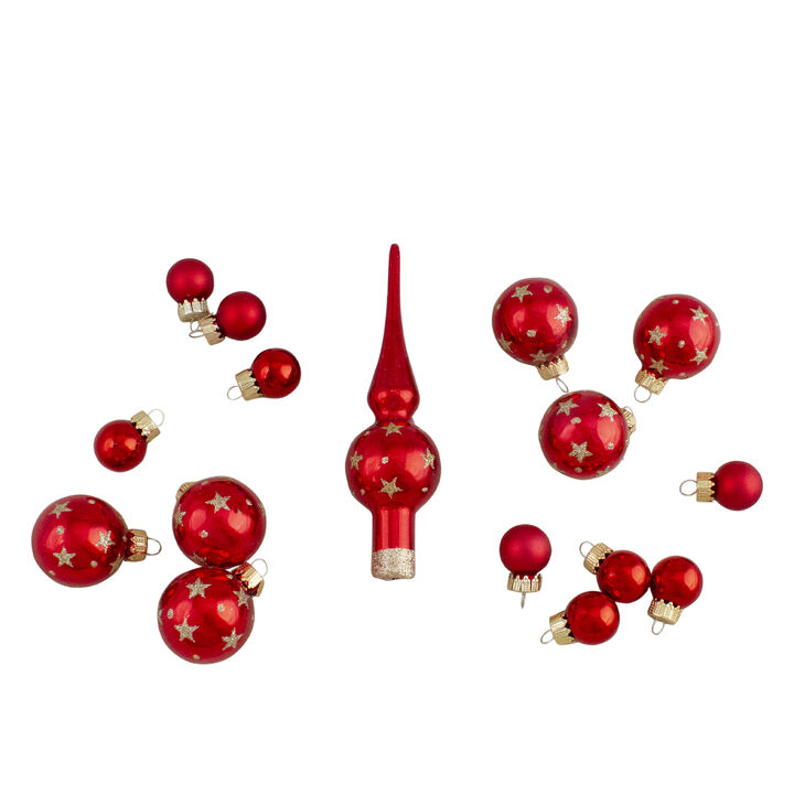 16-Piece Set of Assorted Red Glass Christmas Ball Ornaments with Tree Topper