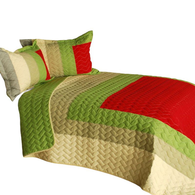 My Garden Queen Size Geometric Patchwork Quilt Set 3 Piece with Quilted Stitch Detail-Green image number 1