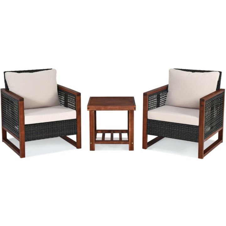 Hivvago 3 Pieces Patio Wicker Furniture Set with Washable Cushion and Acacia Wood Coffee Table