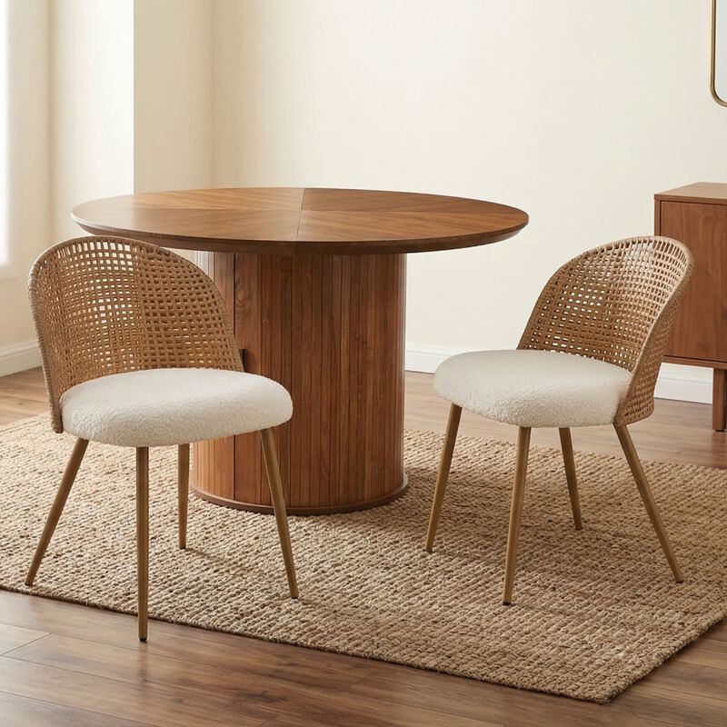 2 Pack Rattan Dining Chairs PE Rattan Woven Back Dining Chair with Teddy Upholstered Cushion Metal Legs Kitchen Dining Chairs image number 4