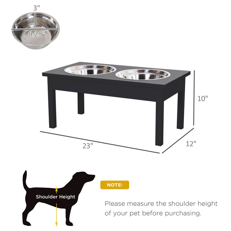 2 Stainless Steel Pet Bowls, 23"L Durable Wooden Heavy Duty Dog Feeding Station - Black