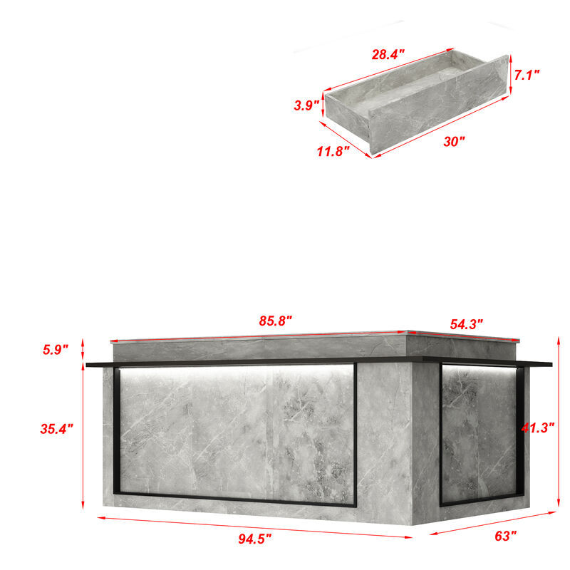 FUFU&GAGA Modern Reception Desk with LED Light Strips, Large Work Surface, Storage Cabinets & Open Shelves, Marble & Brown Finish (94.5 in.  W x 63 in.  D x 41.3 in.  H)