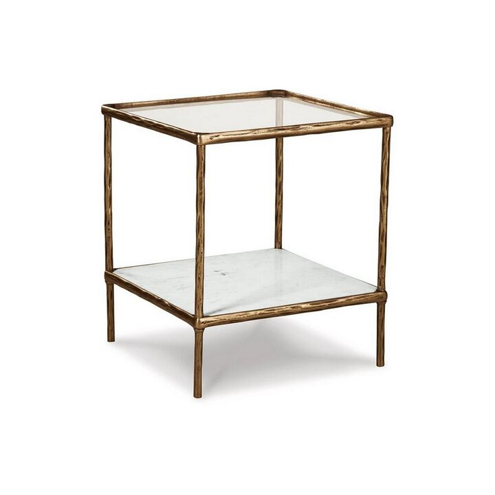 Dalie 25 Inch Accent Table, Square Glass Tabletop, Marble, Antique Gold - Benzara