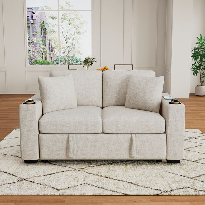 Merax Convertible Chenille Sofa Bed with USB Ports & Cup Holders
