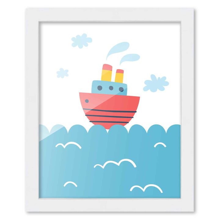 8x10 Framed Nursery Wall Art Hand Drawn Nautical Boat Poster in White Wood Frame For Kid Bedroom or Playroom