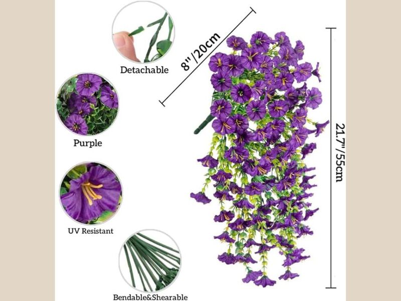 4 Piece Purple Artificial Hanging Morning Glory Flowers UV Resistant Outdoor image number 2