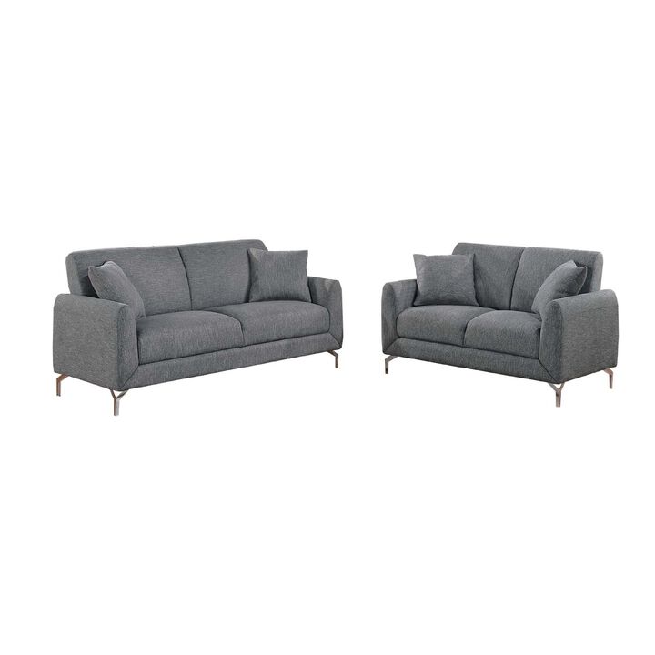 Rena 2pc Sofa and Loveseat Set, 2 Pillows, Dark Gray Burlap Fabric - Benzara