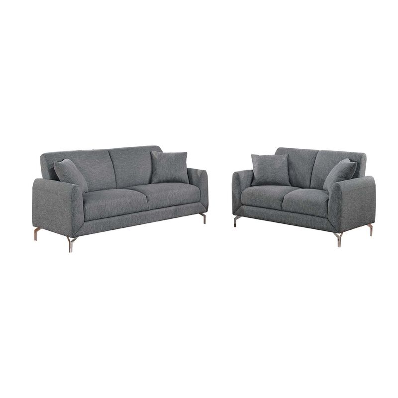 Rena 2pc Sofa and Loveseat Set, 2 Pillows, Dark Gray Burlap Fabric - Benzara