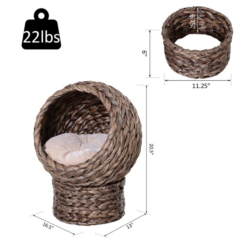 20" Natural Braided Elevated Cat Bed Basket House Chair Sofa With Cushion, Dark Brown