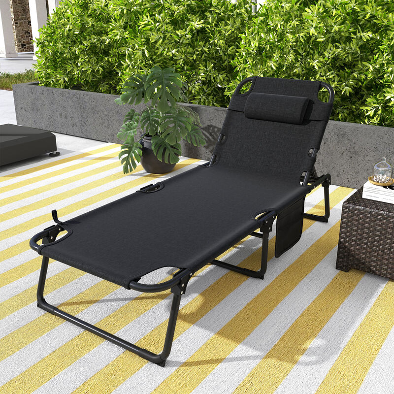Outsunny Outdoor Chaise, Adjustable Folding Chaise Lounge with 4-position Backrest, Magazine Pocket, Removable Head Pillow, Sun Bathing Lounger Chair for Balcony, Patio, Backyard, Beach, Camping, Gray