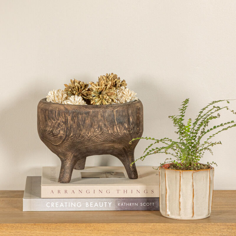 Rustic Paulownia Footed Wood Bowl , Charred Brown image number 1
