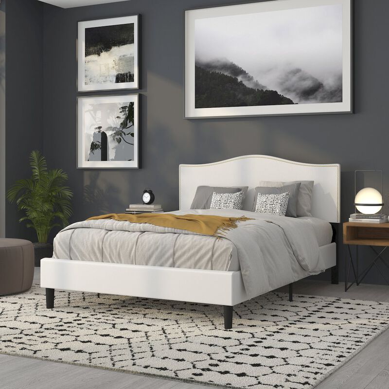 Flash Furniture Upholstered Queen Size Headboard with Accent Nail Trim in White Fabric image number 7