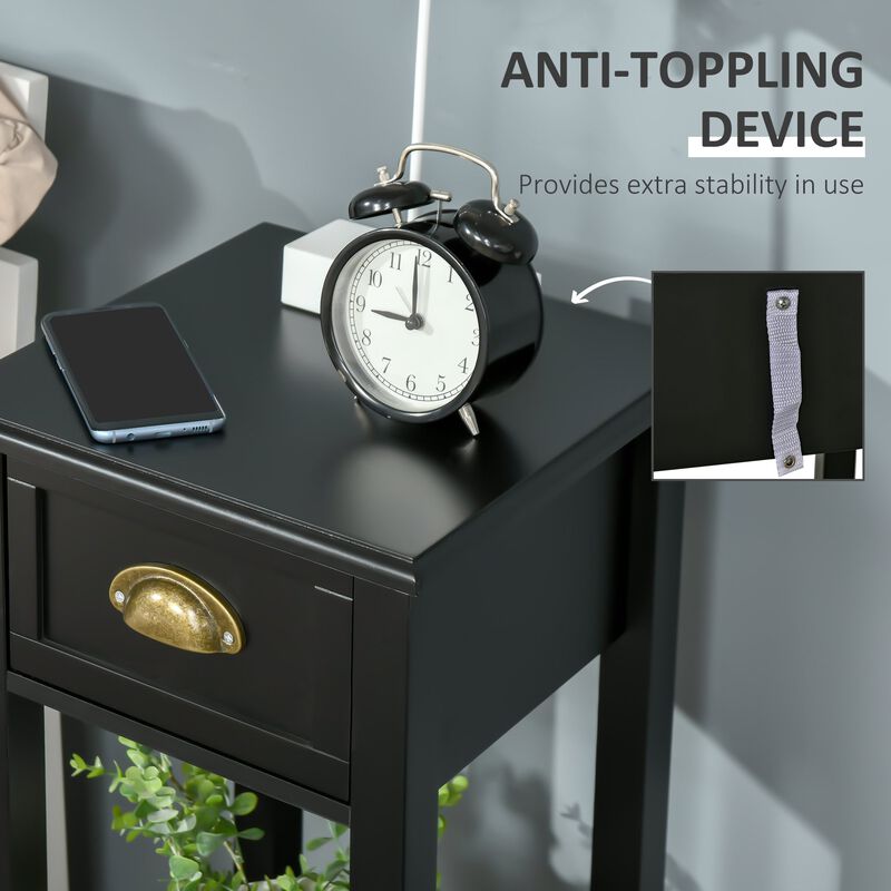 Black Slim Nightstand: 2-Tier Side Table with Drawer for Space Saving