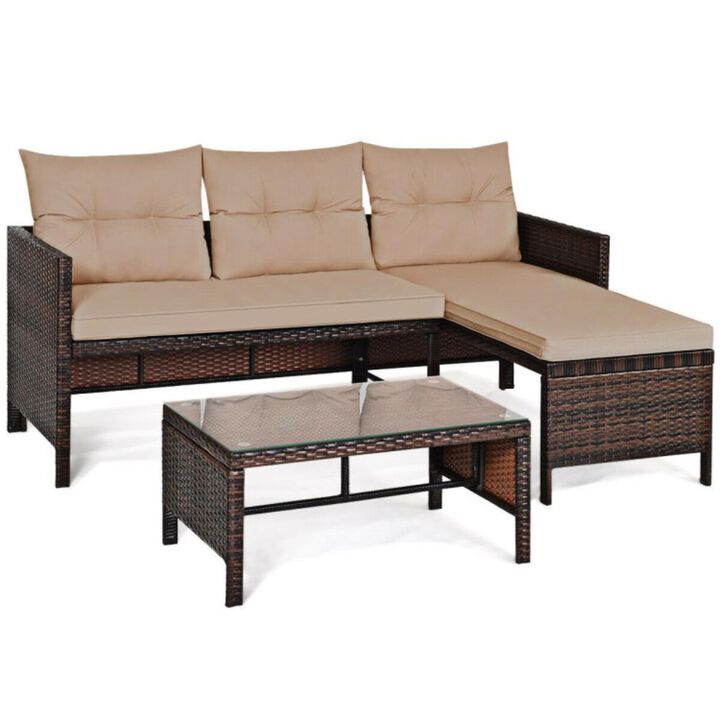 Hivvago 3 Pieces Outdoor Patio Corner Rattan Sofa Set