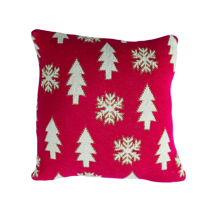 Festive Cotton Knit Pillow with Tree and Snowflake Embroidery, Pink, White and Gold