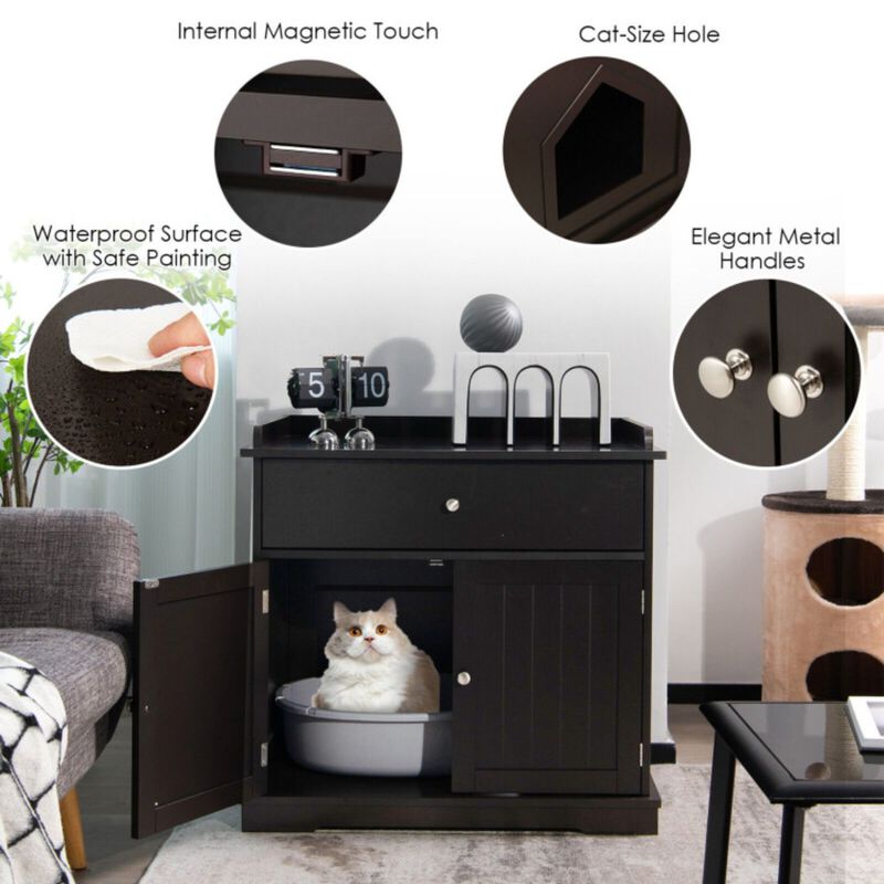 Wooden Cat Litter Box Enclosure with Drawer Side Table Furniture