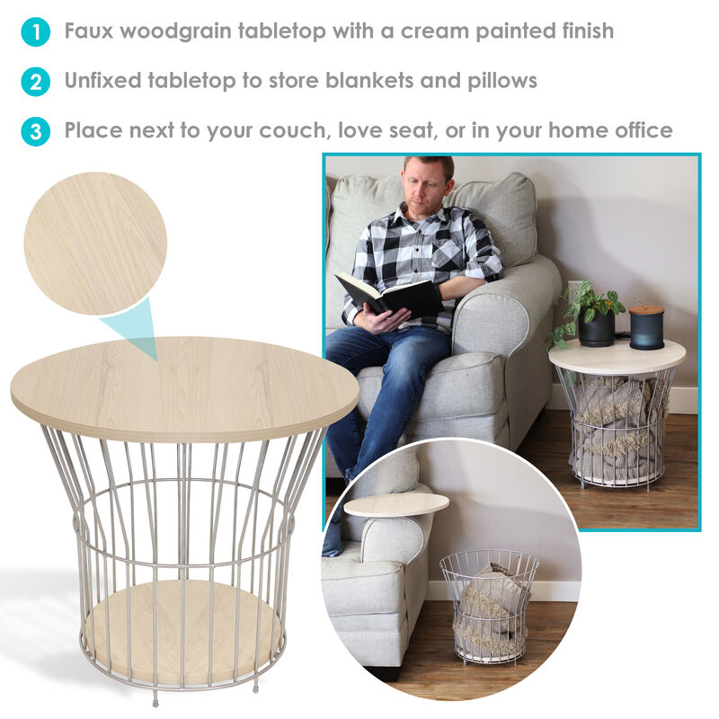 Sunnydaze Wire Pedestal End Table with MDF Pull-Open Tabletop