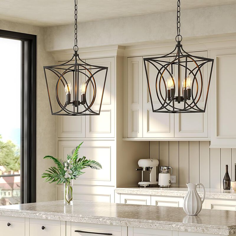 Gold Four-Light Geometric Cage Pendant Light, Farmhouse Chandelier image number 3