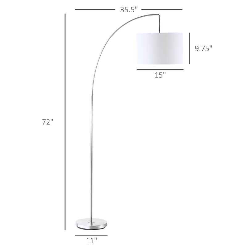 Arc Floor Lamp with Hanging Fabric Cylindrical Lampshade, Tall Pole Standing Lamp for Living Room Bedroom, Silver, White