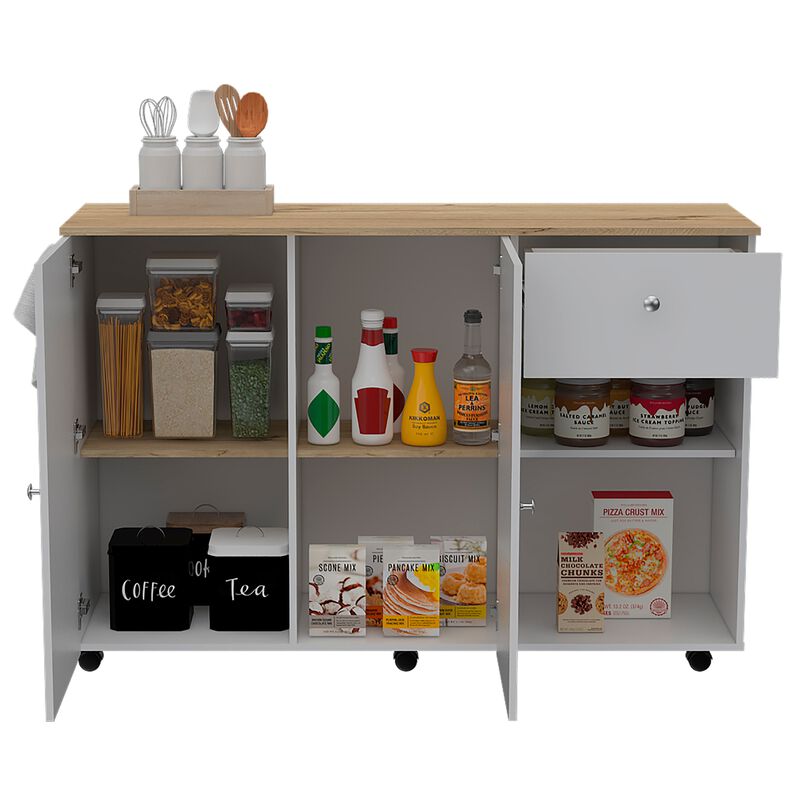 Kitchen & Dining room Island Cart Victoria, Four Interior Shelves, Six Carters, One Drawer, Double Door Cabinet -White / Light Oak