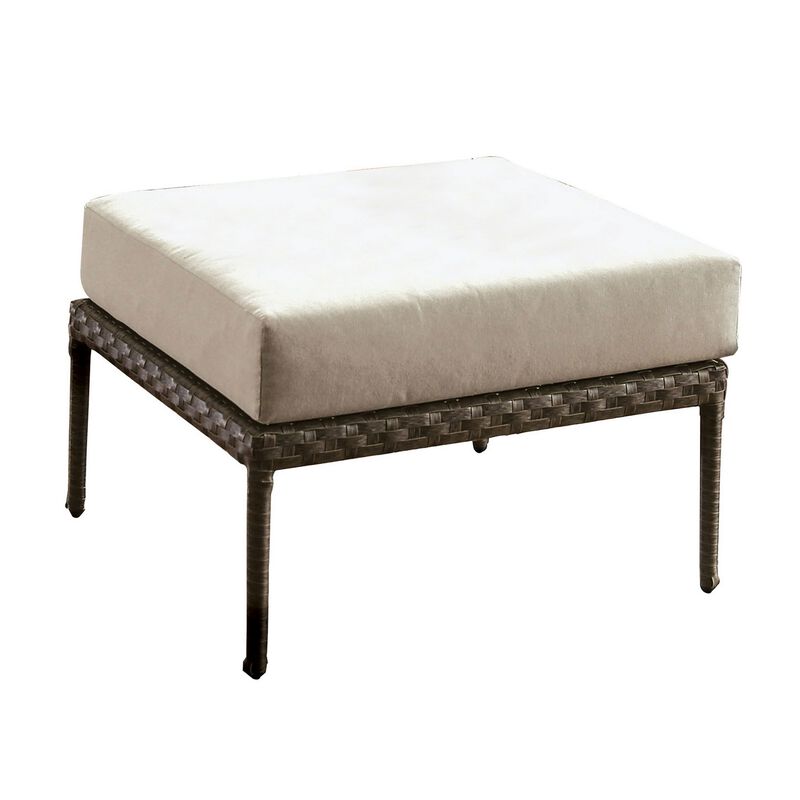 Faux Wicker Patio Ottoman with Fabric Box Cushion, Gray and Beige-Benzara