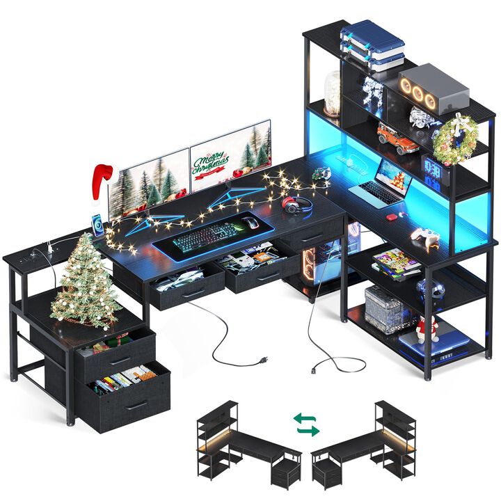 AODK 79 inch L Shaped Desk with File Drawers, Reversible L Shaped Gaming Desk with Power Outlets & LED Lights, Computer Desk wit