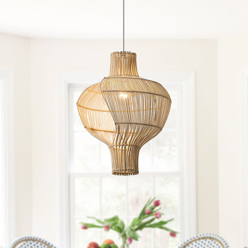 15.7" Boho Modern Natural Handwoven Rattan Gourd-Shaped Pendant Light for Kitchen Island, Living Room and Dining Room image number 1