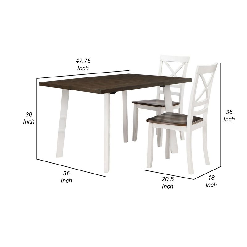 Dera 5 Piece Dining Table Set, 4 Crossback Rubberwood Chairs, Brown, White - Benzara