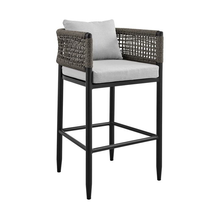 Alegria Outdoor Patio Counter Height Bar Stool in Aluminum with Grey Rope and Cushions