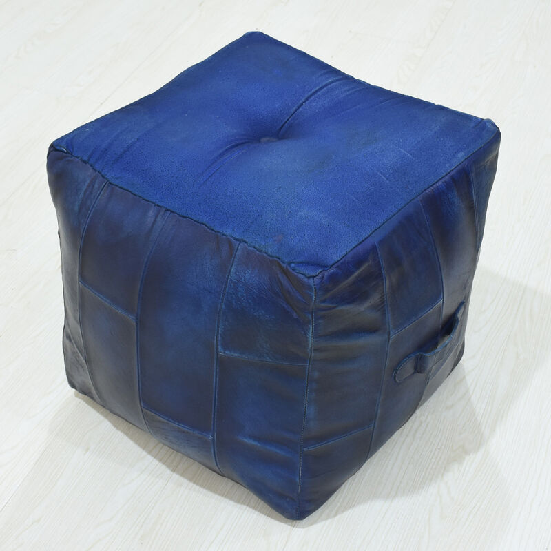 Geometric Handmade Leather Square Pouf 18"x18"x18" (Recycled Foam with Fibre Fill) Vintage Blue Color MABBBACPF25 BBH Homes image number 4