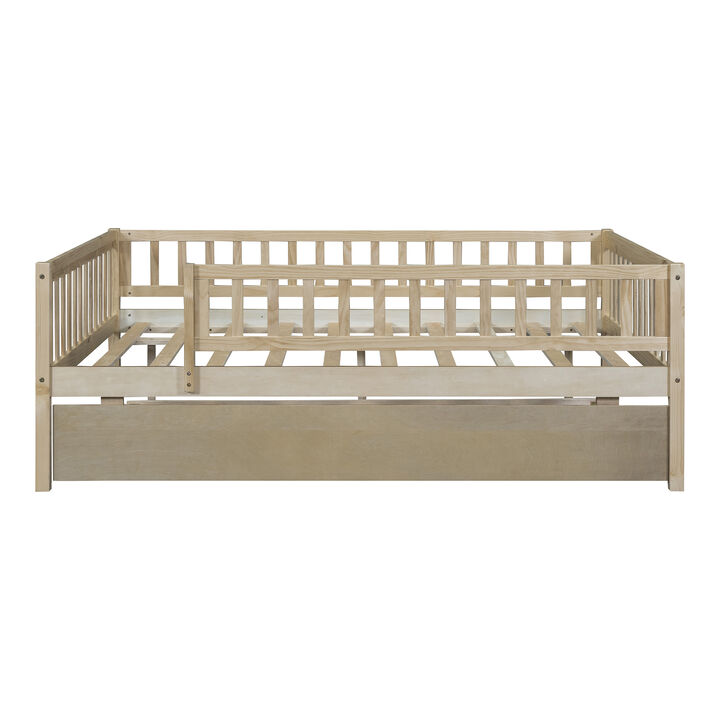Whisen Full Size Wood Daybed with Trundle & Guardrails, Solid Wood & MDF Low Profile Bed for Kids Bedroom