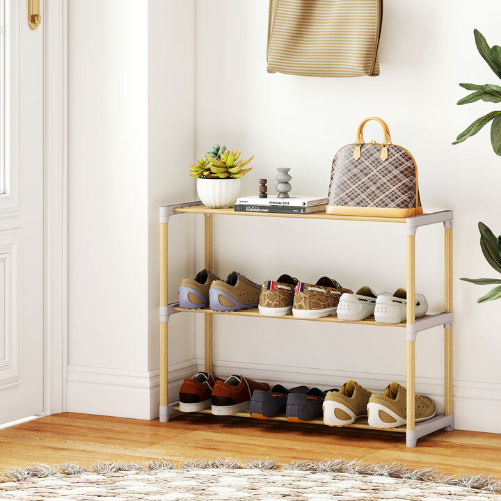 Solid Wood 3-Tier Shoe Rack with Slatted Shelves for Entryway or Home-Natural