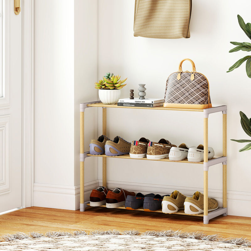 Solid Wood 3-Tier Shoe Rack with Slatted Shelves for Entryway or Home-Natural image number 1