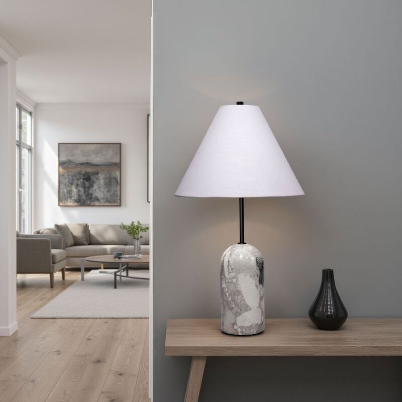 Hely Accent Table Lamp, Linen Cone Shade, Travertine Stone 28 Inch