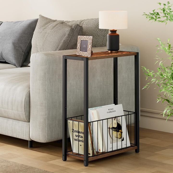 Homleke Narrow Side Tables Set of 2 with Magazine Holder, Skinny End Tables Perfect for Small Spaces, Space-Saving Design for Li