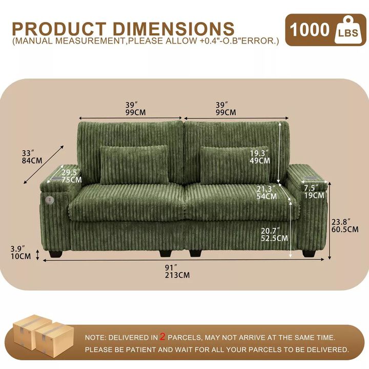 Vipbear 91" Corduroy 2-Seater Loveseat Sofa with Flip-Up Storage Armrests, USB & Type-C Charging