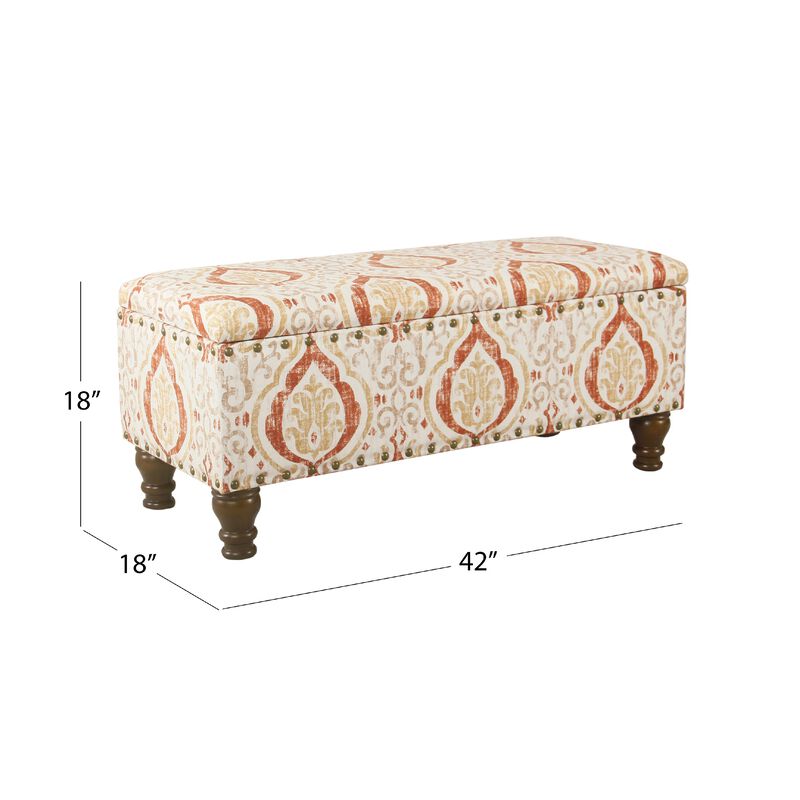Ava Storage Accent Bench, 42 Inch Orange and Cream Medallion Design image number 4