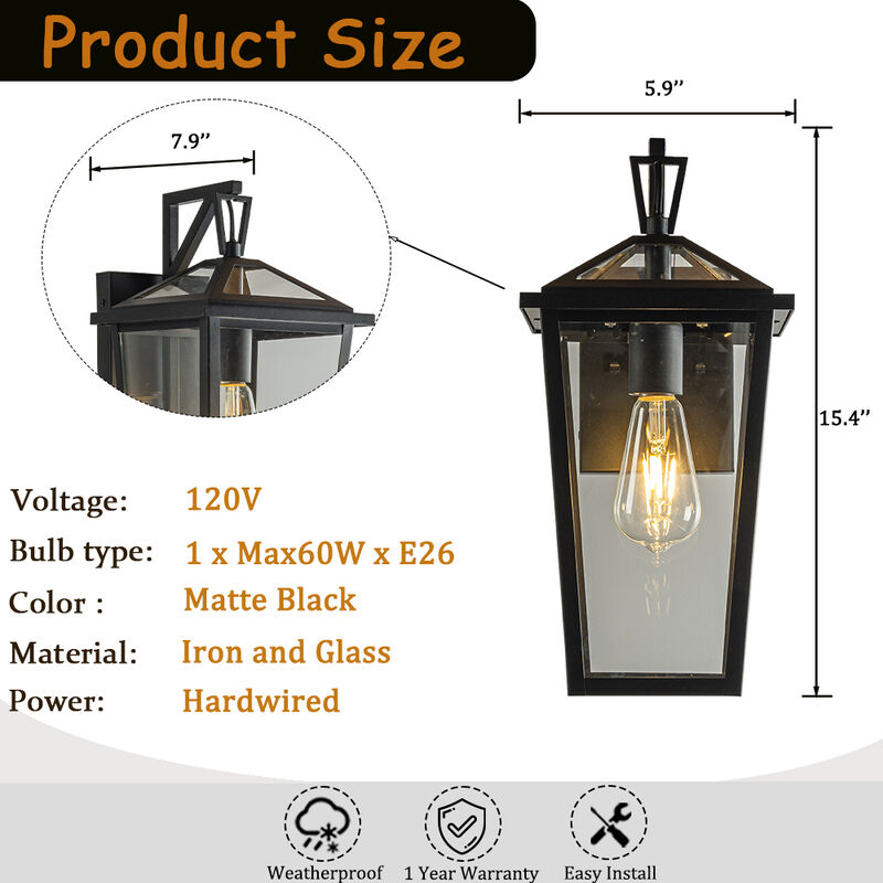 H15" 1 Light Modern Matte Black Outdoor Wall Lantern with Clear Tempered Glass Open Bottom Design Exterior Light Fixture for Entryway, Garage, Patio (Bulb Not Included) image number 6