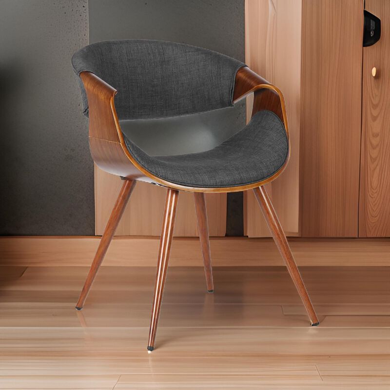 Curved Back Fabric Dining Chair with Round Tapered Legs, Brown and Gray - Benzara