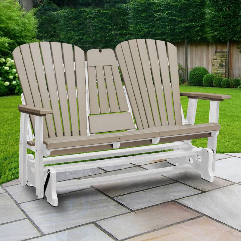 American Furniture Classics Two Seat Fan Back Glider with Drop Down Table/Cup Holder in Weatherwood