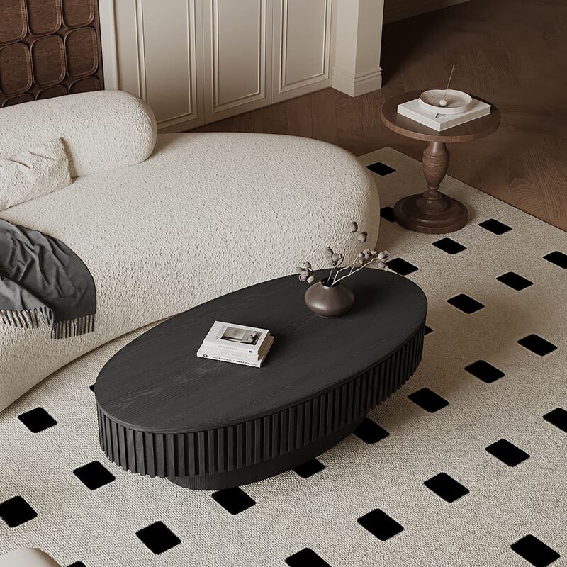 Oval coffee table with storage Solid wood veneer and MDF modern coffee table with fluted base Accent tea coffee table for living room image number 5