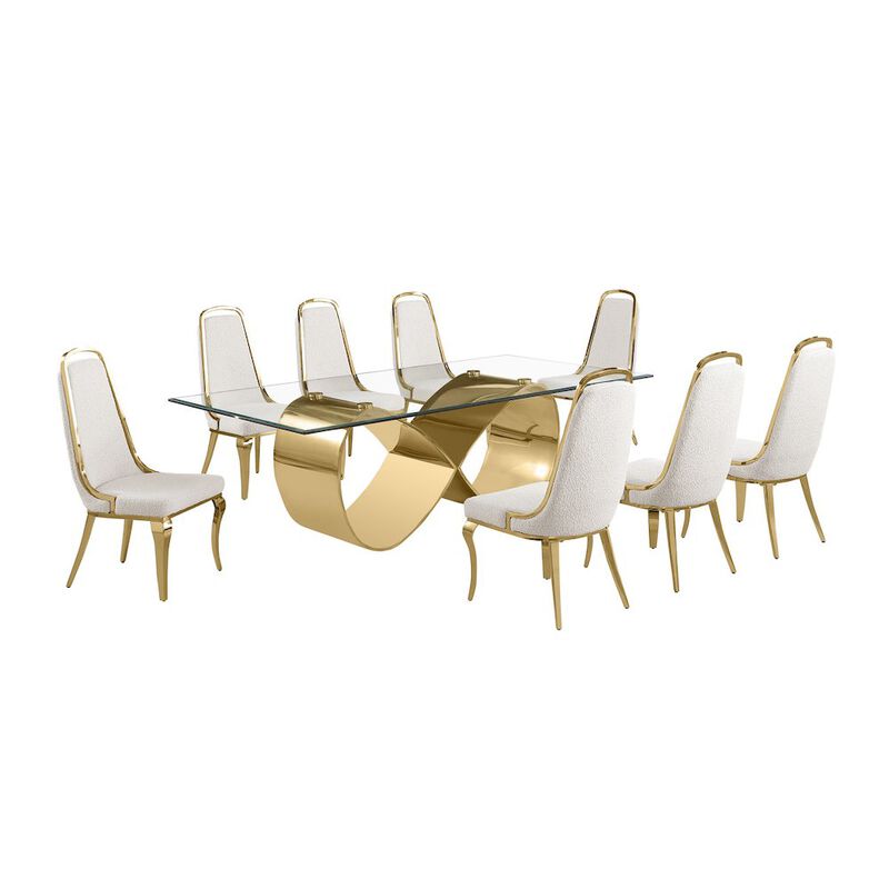Best Quality Furniture 9Pc Tempered Glass Dining Set With 8 Cream Boucle Side Chairs And A Gold Base