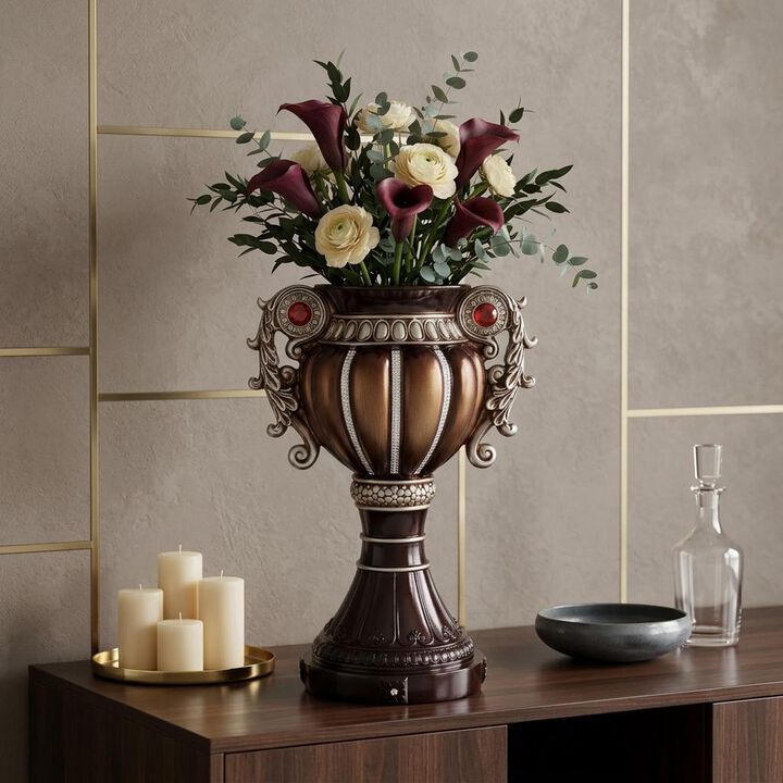 HomeRoots 18" Bronze and Silver Floral Urn Polyresin Table Vase With Stones
