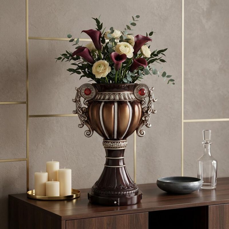 HomeRoots 18" Bronze and Silver Floral Urn Polyresin Table Vase With Stones image number 1