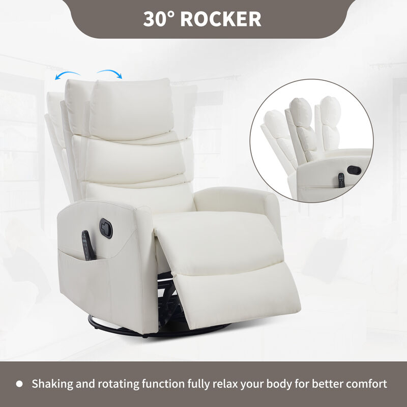 Heat Massage Manual Recliner Chair with Rocker and Swivel in Fabric for Living Room, White
