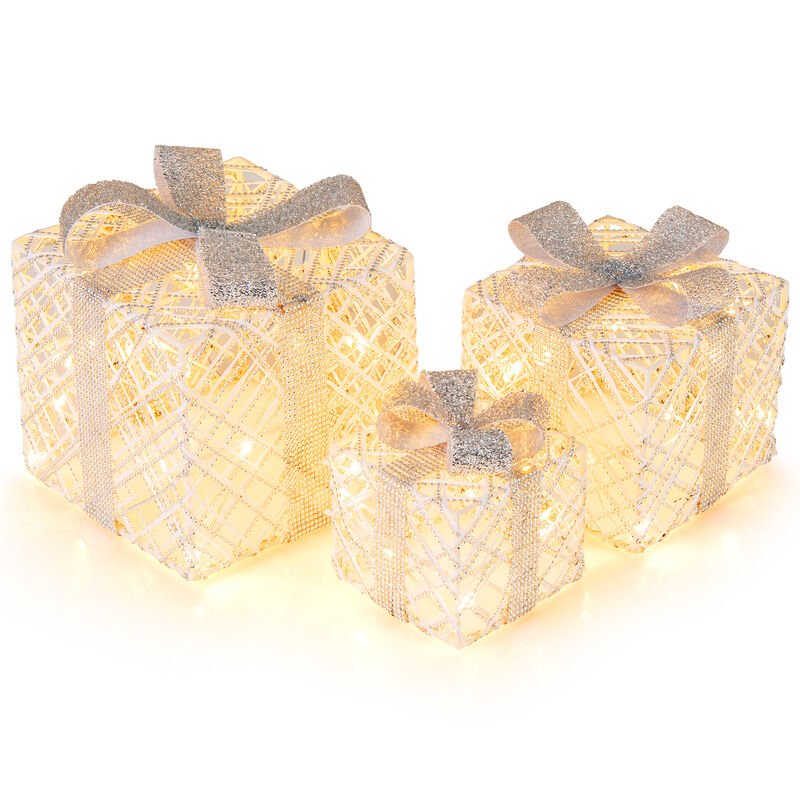 3 Pack Christmas Lighted Gift Box with 50 LED Lights and Detachable Bows image number 0