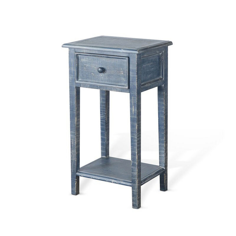 Rena Side End Table with 1 Drawer, 17 Inch Rustic Blue Mahogany Wood